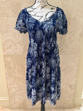 Sunny Leigh Navy Blue White Tropical Print Puff Sleeve Mini Dress Size S EUC
